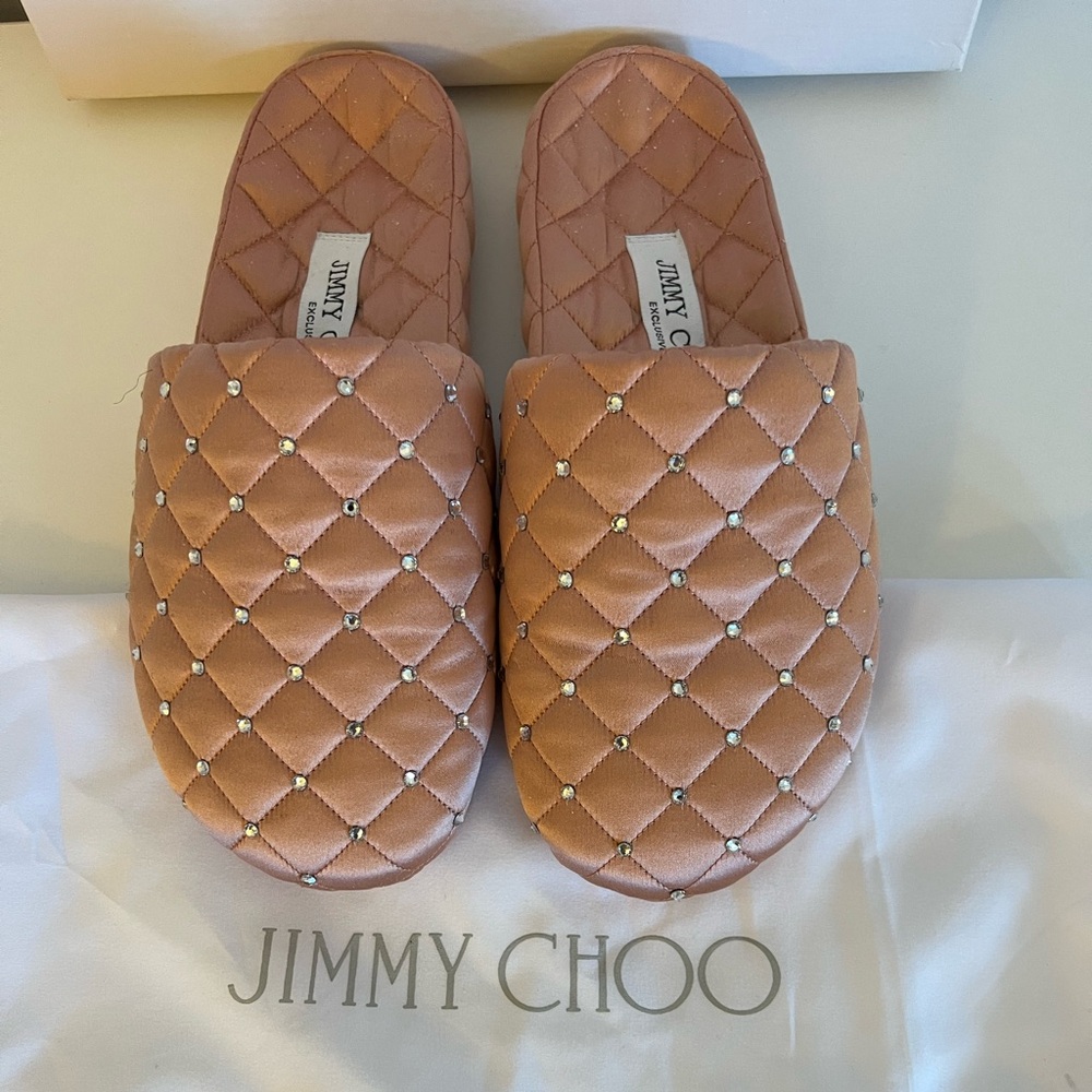 Jimmy Choo Aliette Embellished Satin Slippers in Blush color, Size 6.5